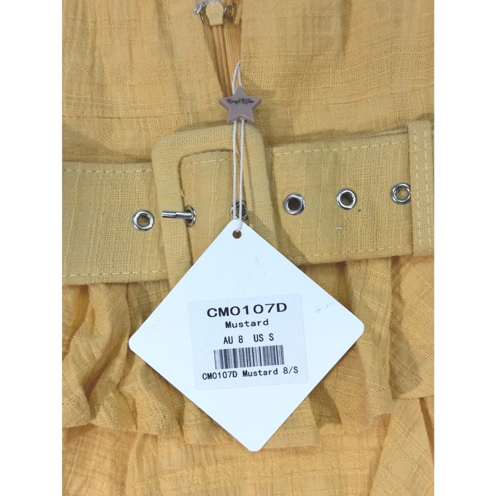 Angel Biba Cotton Belted Tiered Mini Dress Womens S Mustard Yellow Ruffle V-Neck